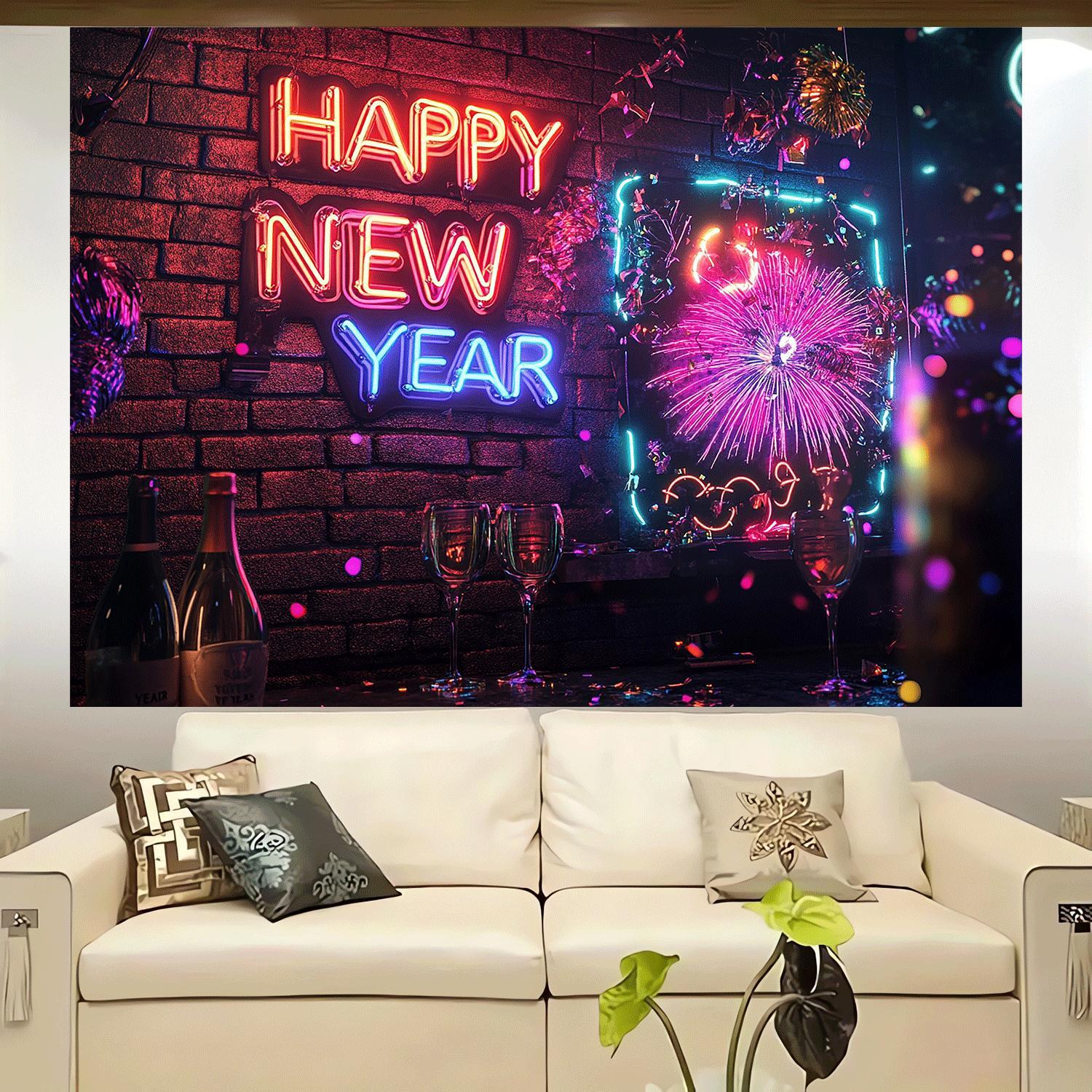 1pc Classic Vertical Rectangular Happy New Year Neon Sign Wall Decor with Fireworks, Birthday Party Event Backdrop, Includes Perforations and Hanging Cord