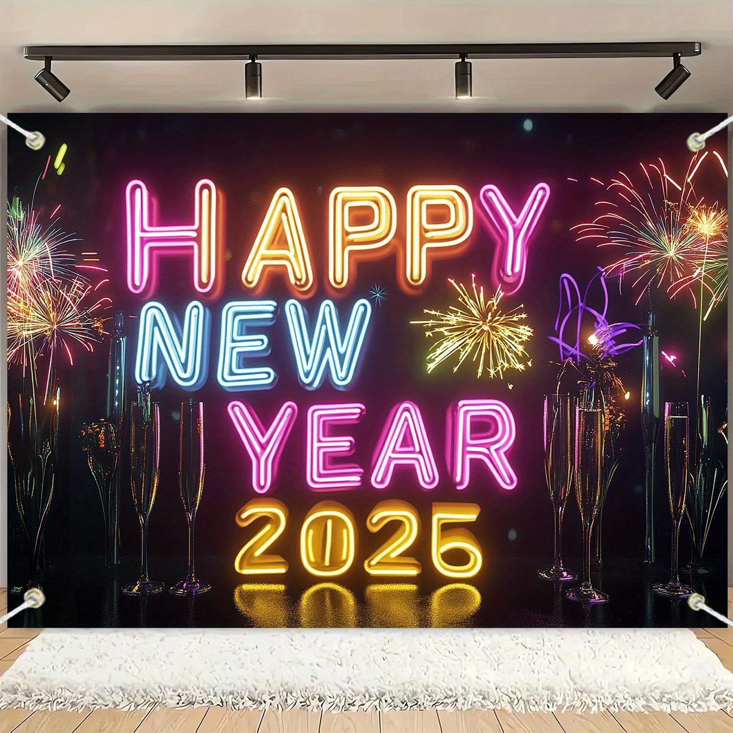 1pc Happy New Year 2025 Neon Sign Backdrop, Classic Vertical Rectangle, Durable Party Wall Decor with String Holes, Suitable for Halloween, Easter, Thanksgiving, Home & Kitchen Decor