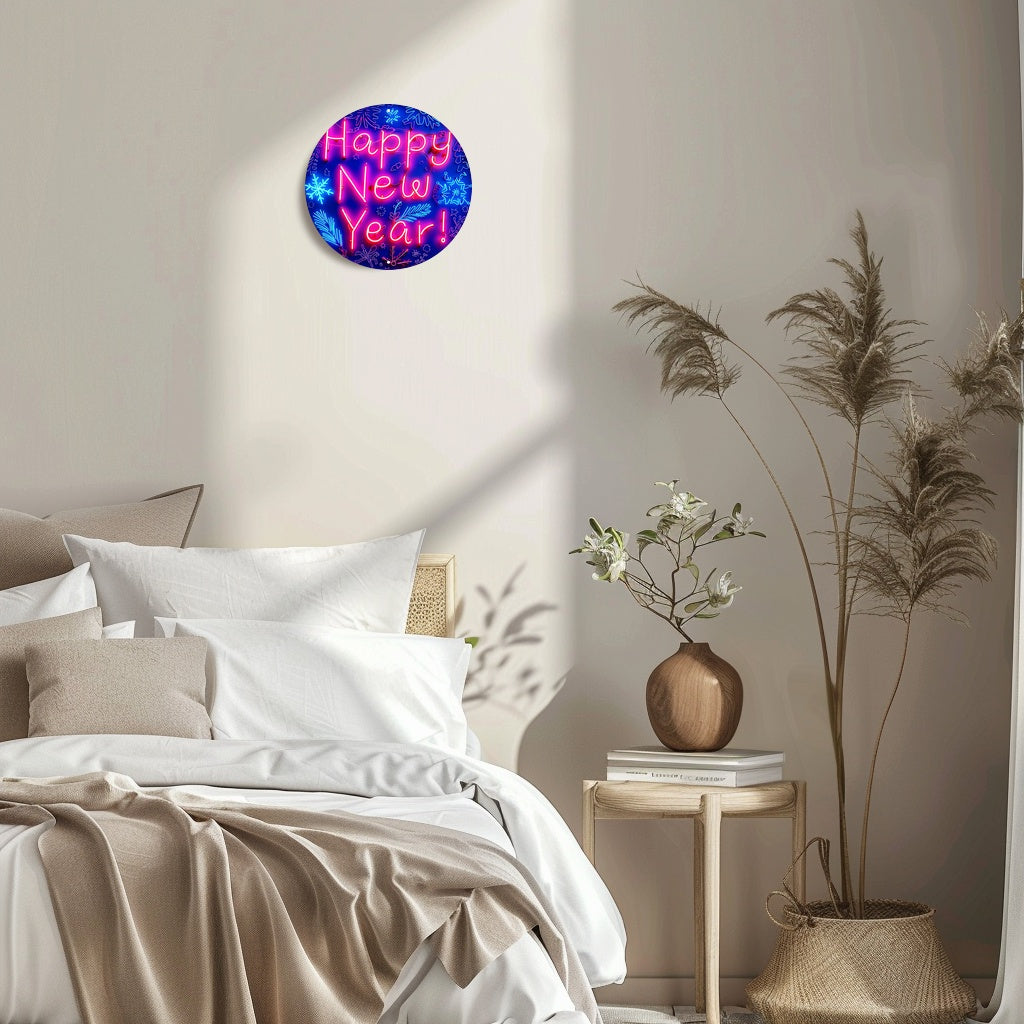 Neon Style Happy New Year Round Metal Sign - Festive Light-Up Wall Decor for Wedding, Bridal Shower, Birthday, Bachelor Party, Anniversary - Durable Aluminum Home Greeting Wall Art for Indoor & Outdoor Use