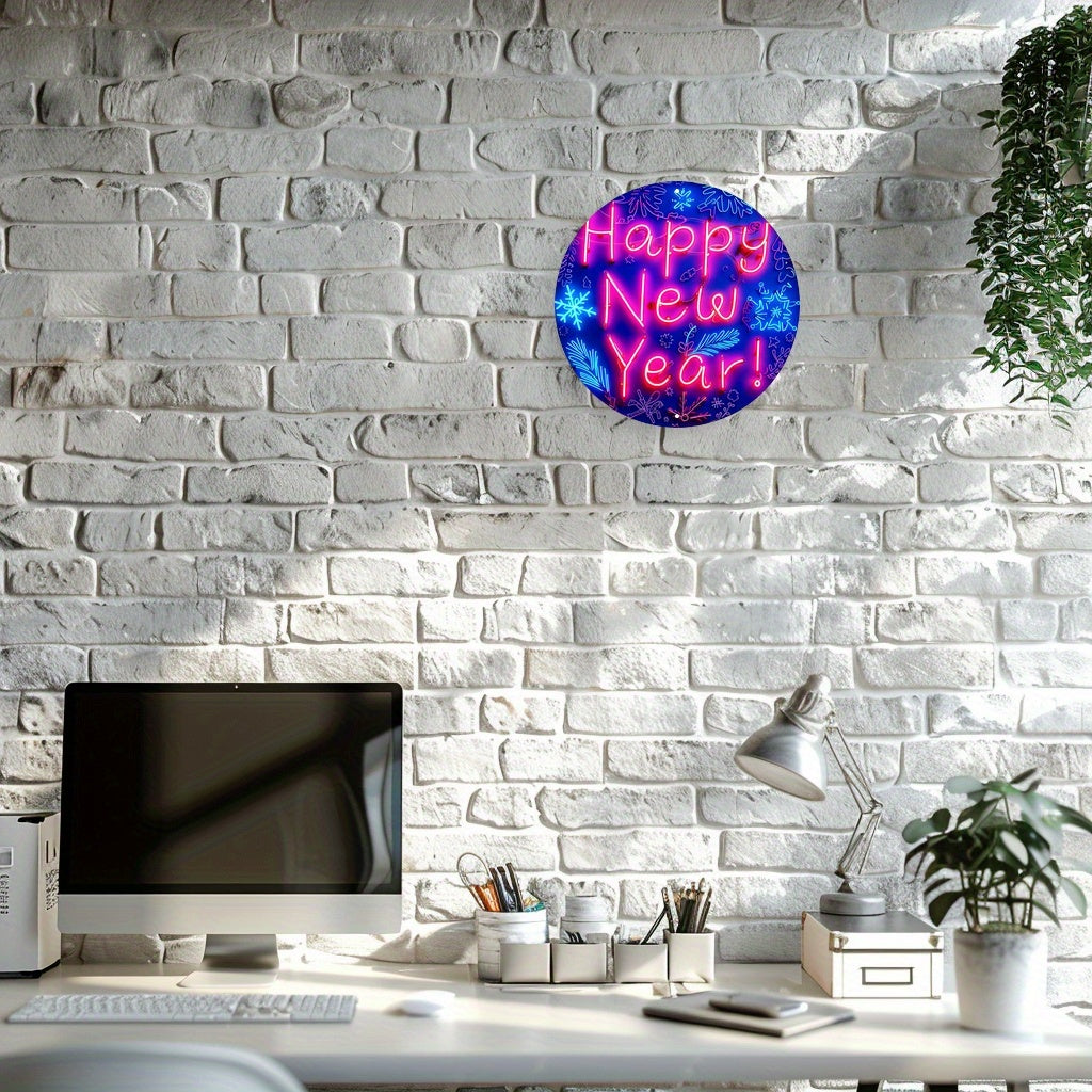 Neon Style Happy New Year Round Metal Sign - Festive Light-Up Wall Decor for Wedding, Bridal Shower, Birthday, Bachelor Party, Anniversary - Durable Aluminum Home Greeting Wall Art for Indoor & Outdoor Use