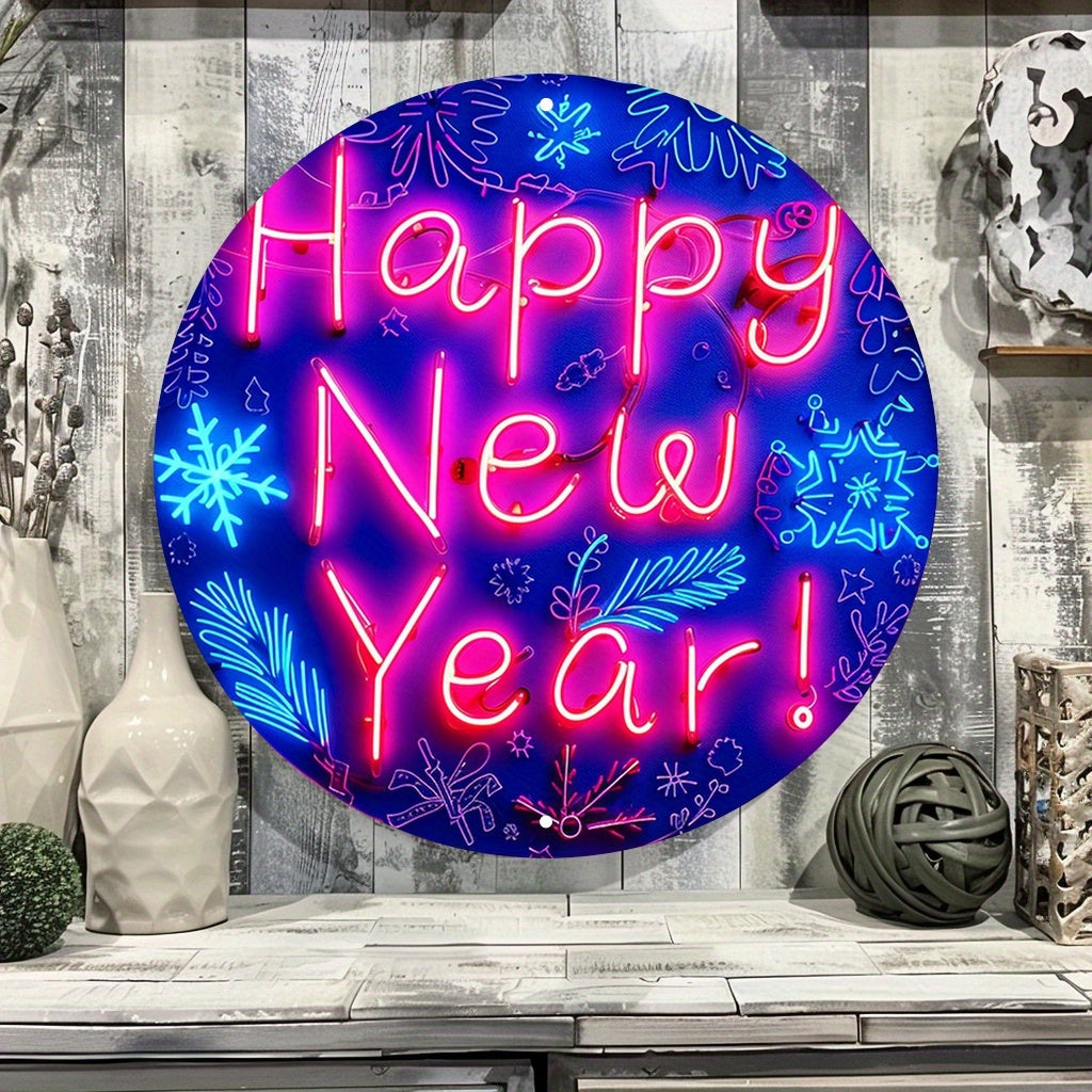 Neon Style Happy New Year Round Metal Sign - Festive Light-Up Wall Decor for Wedding, Bridal Shower, Birthday, Bachelor Party, Anniversary - Durable Aluminum Home Greeting Wall Art for Indoor & Outdoor Use