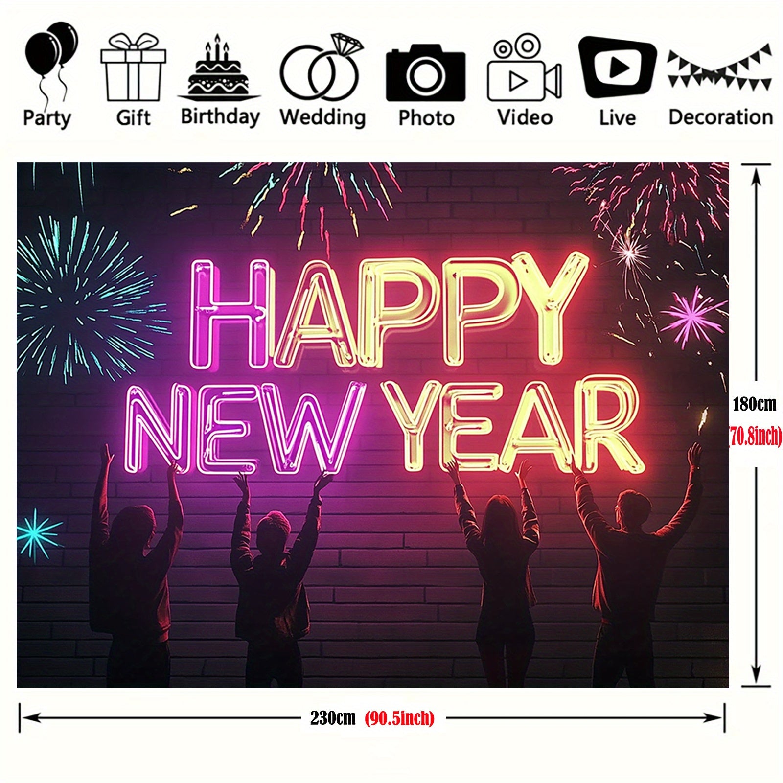 1pc Happy New Year Neon Sign Backdrop - Polyester Party Banner for Indoor & Outdoor Decoration, Universal Holiday Celebration, Multipurpose Use, No Electricity Needed