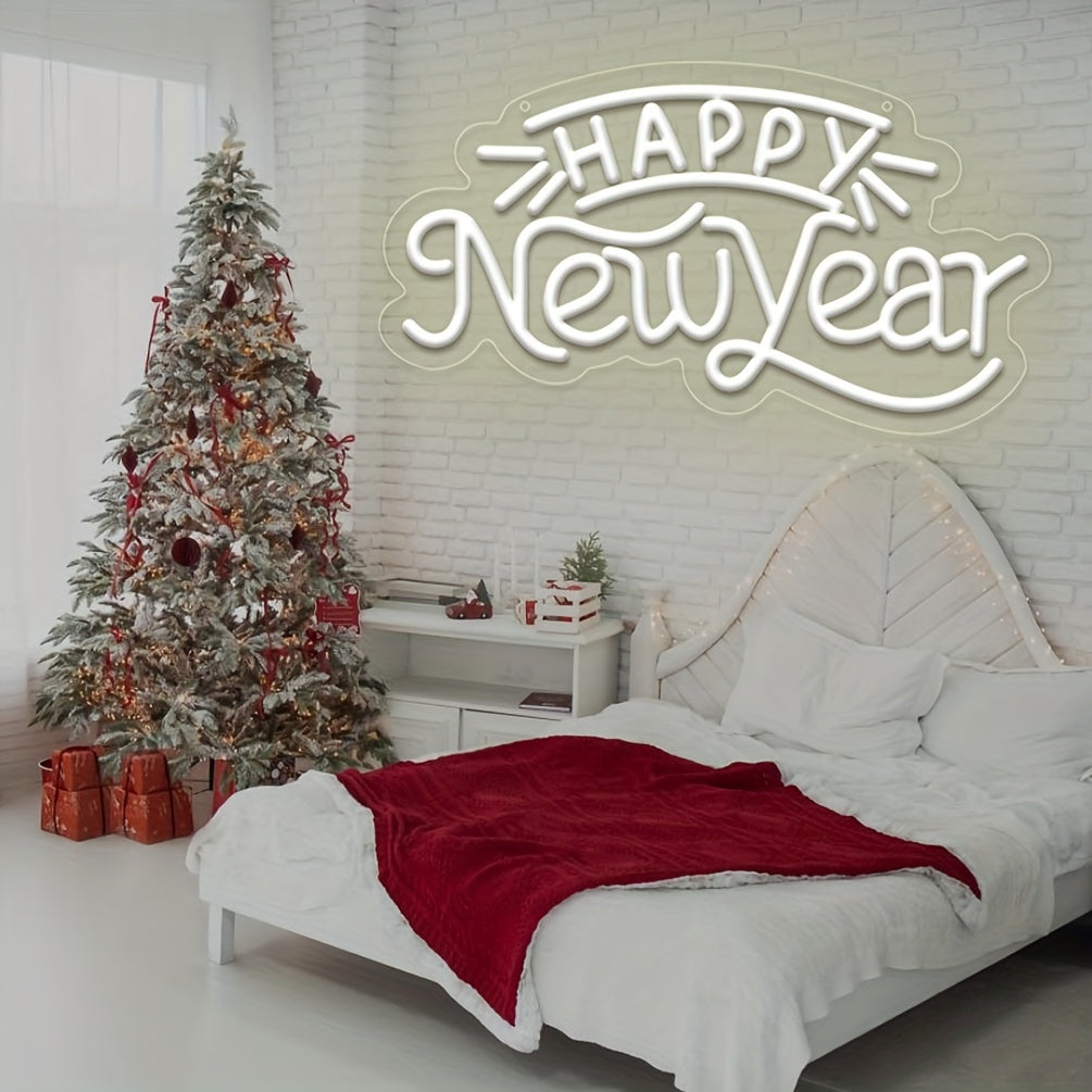 Happy New Year LED Neon Sign - Warm White Wall Decor Light, USB Powered for Home Parties, Bedrooms, Hotels & More