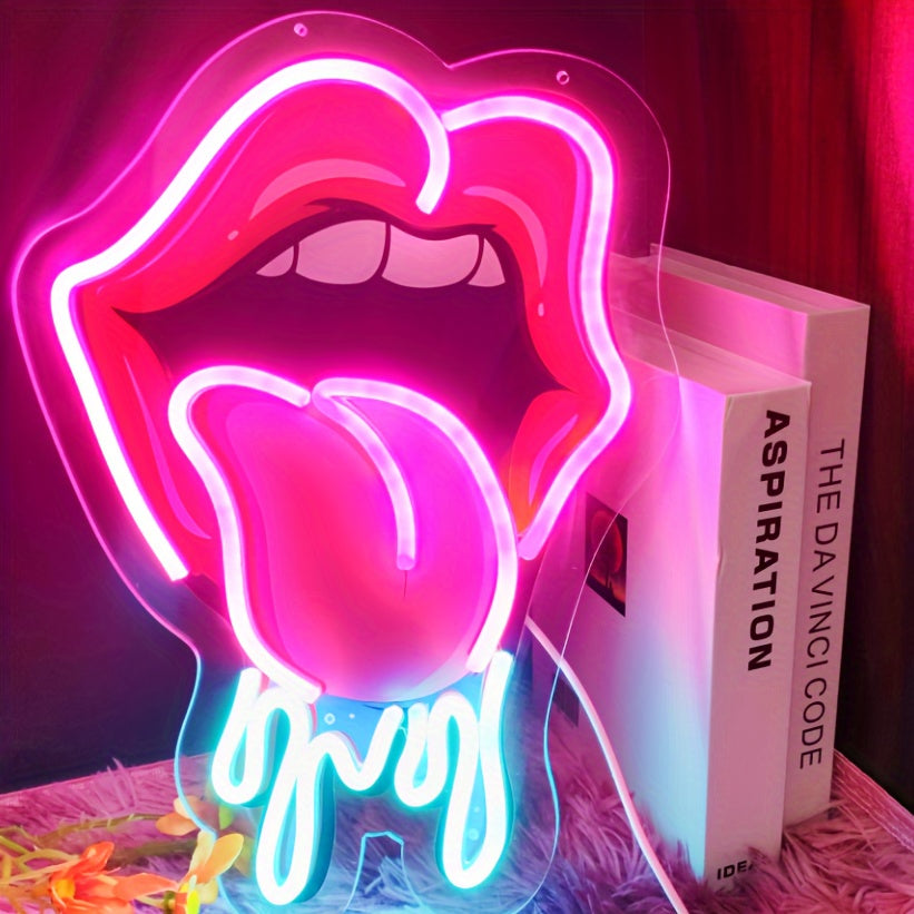 1pc Pink Rolling Tongue Neon Sign with Dripping Design, UV Printed, USB Powered with Adjustable Brightness Switch, Ideal for Game Rooms, Living Spaces, Bedrooms, Man Caves, Wall Decor, Ambient Lighting for Parties, Perfect Gift for Christmas and Halloween