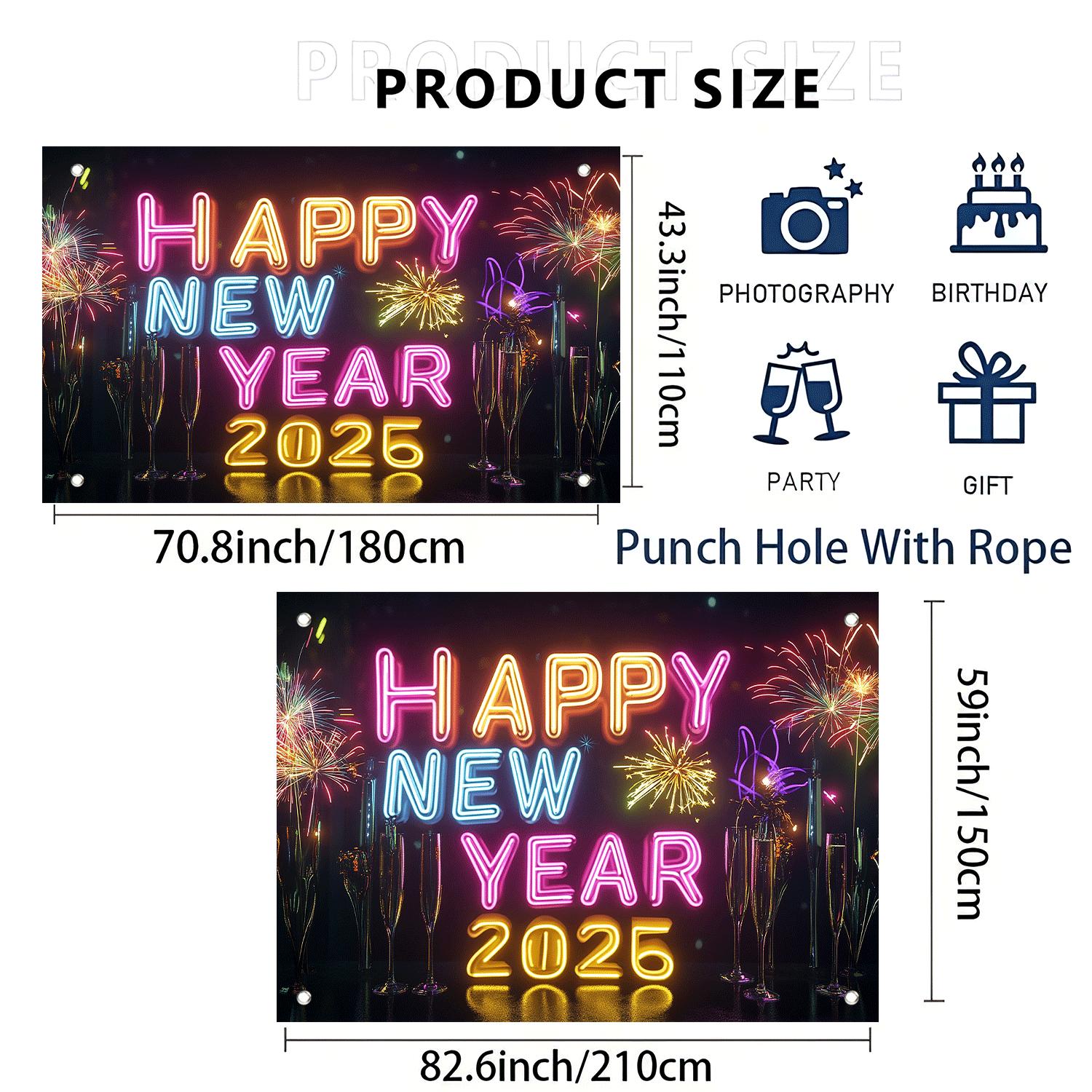 1pc Happy New Year 2025 Neon Sign Backdrop, Classic Vertical Rectangle, Durable Party Wall Decor with String Holes, Suitable for Halloween, Easter, Thanksgiving, Home & Kitchen Decor