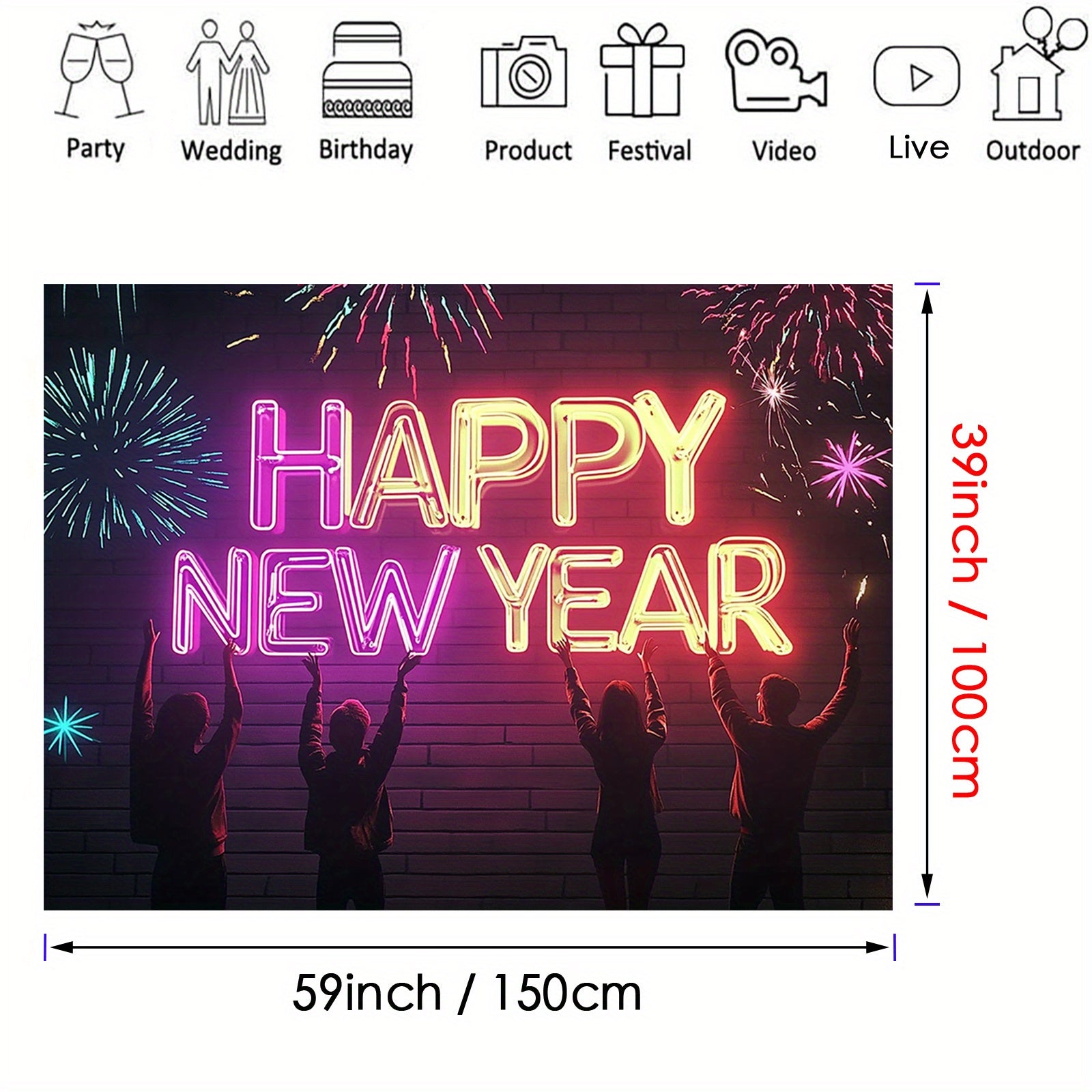 1pc Happy New Year Neon Sign Backdrop - Polyester Party Banner for Indoor & Outdoor Decoration, Universal Holiday Celebration, Multipurpose Use, No Electricity Needed