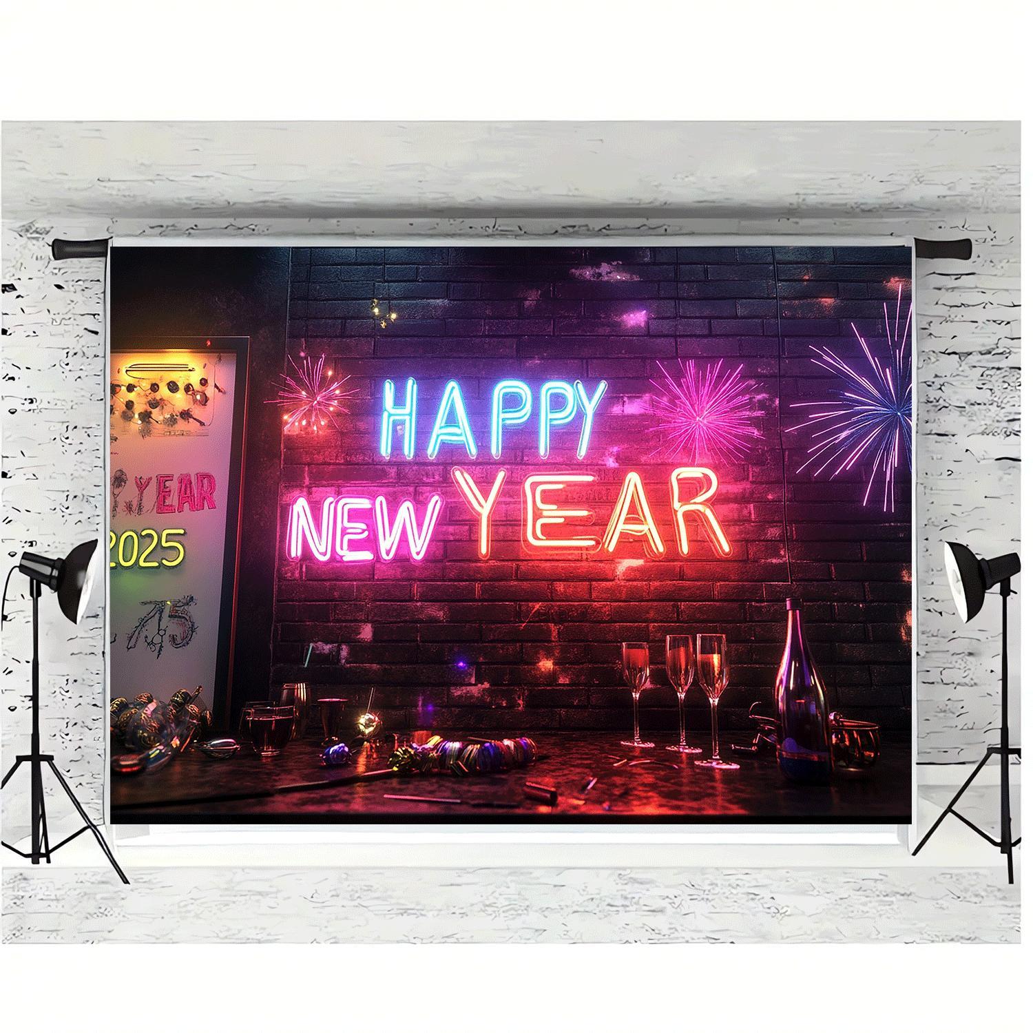 1pc Classic Vertical Oblong Happy New Year Neon Sign Backdrop - Festive Party Wall Decor for Thanksgiving, Easter, Birthday, Anniversary Celebrations