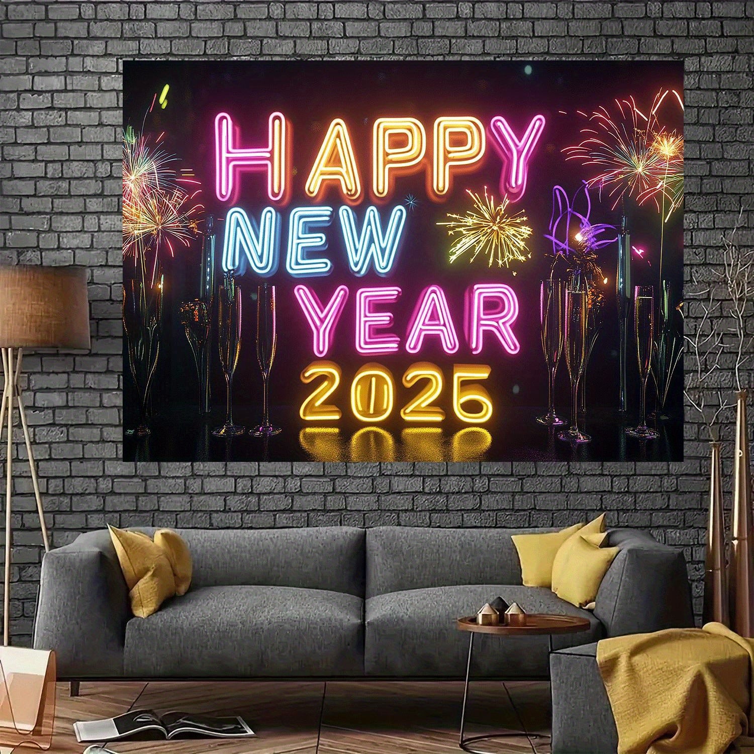 1pc Happy New Year 2025 Neon Sign Backdrop, Classic Vertical Rectangle, Durable Party Wall Decor with String Holes, Suitable for Halloween, Easter, Thanksgiving, Home & Kitchen Decor