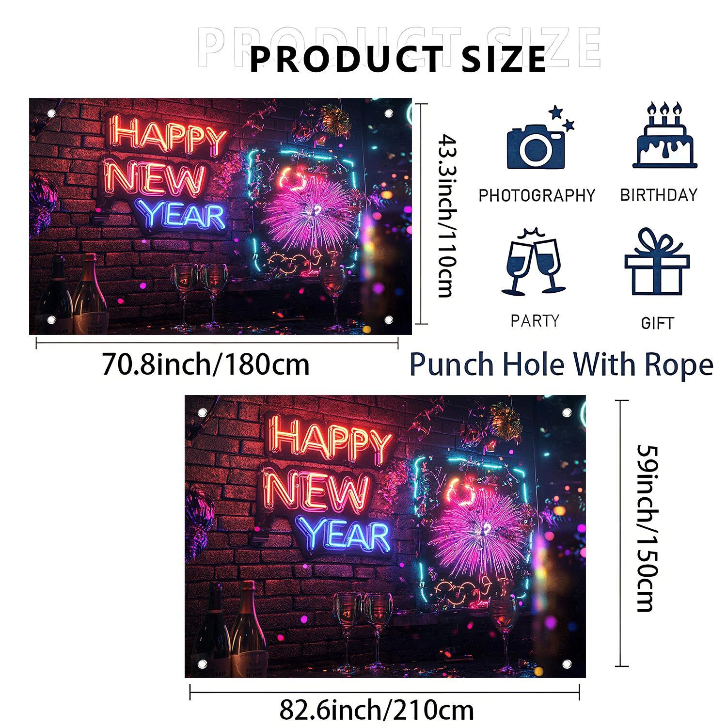 1pc Classic Vertical Rectangular Happy New Year Neon Sign Wall Decor with Fireworks, Birthday Party Event Backdrop, Includes Perforations and Hanging Cord