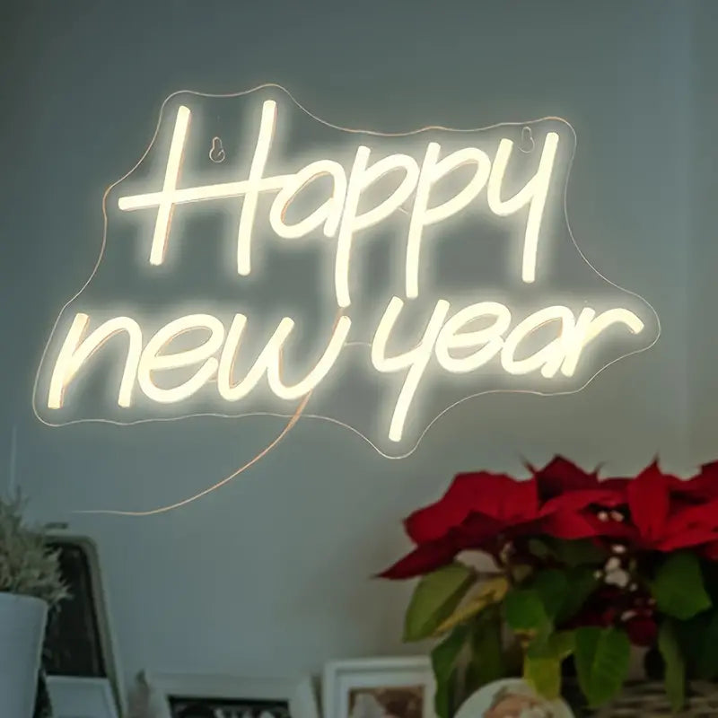 Happy New Year LED Neon Sign - Non-Waterproof Indoor Acrylic Light-Up Wall Decor with Dimmable LED Lights for Home, Bedroom, Winter Christmas, New Year'S Eve Party Decoration