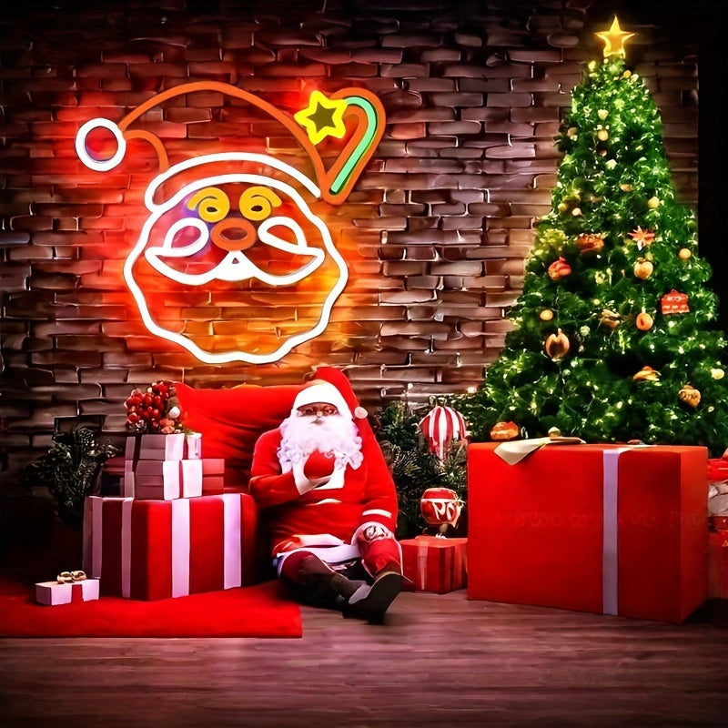 Christmas Santa LED Neon Sign, Wall Hanging Festive Decoration for Home, Bar, Living Room, and Office Desk - USB Powered, Multi-Color Light Display, Switch Controlled, No Battery Required, Plastic with Metal Finish - Versatile Holiday Decor