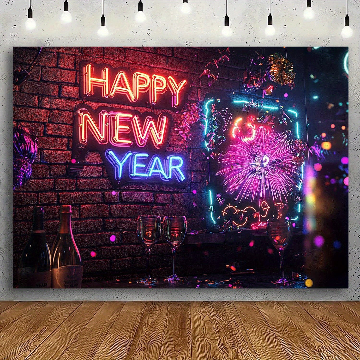 1pc Classic Vertical Rectangular Happy New Year Neon Sign Wall Decor with Fireworks, Birthday Party Event Backdrop, Includes Perforations and Hanging Cord