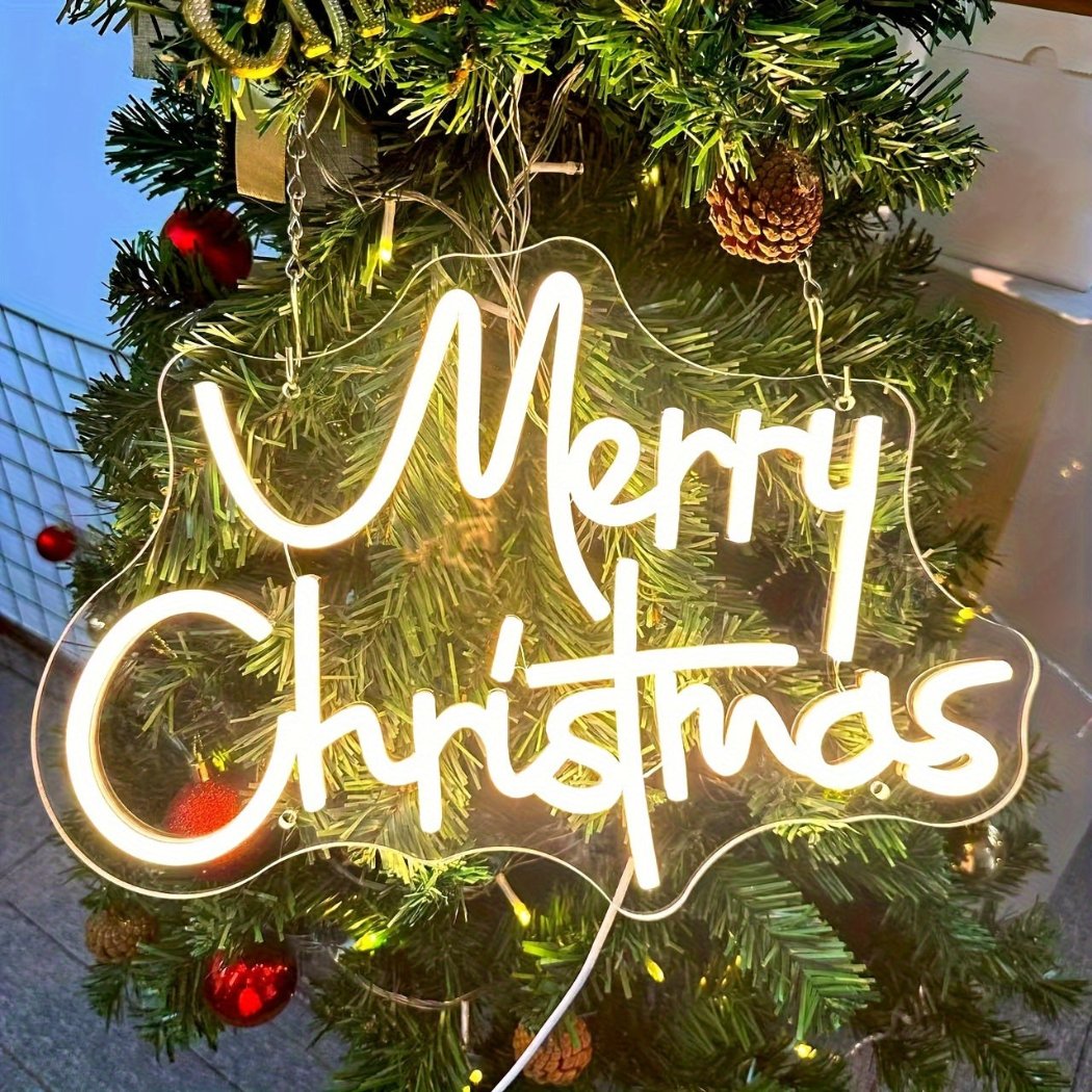 Merry Christmas LED Neon Sign - Polished Metal Finish, Durable Plastic, Wall Hanging, Dimmable Switch Control, Multipurpose, USB Powered, Non-Wireless, No Battery Required, Single-Color Display for Home, Bar, Cafe, Wedding, Club, Party Decor