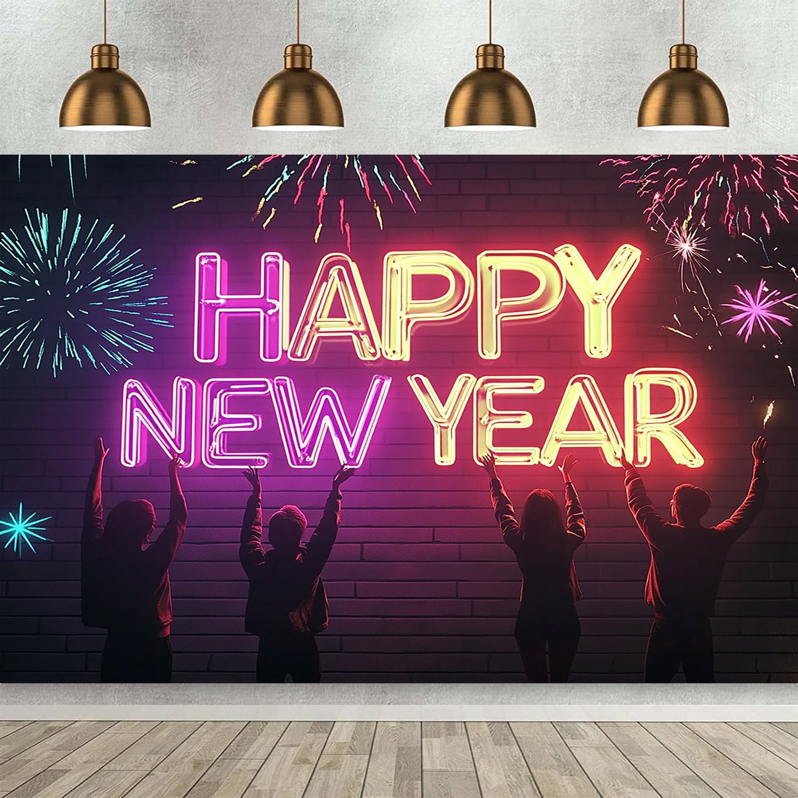 1pc Happy New Year Neon Sign Backdrop - Polyester Party Banner for Indoor & Outdoor Decoration, Universal Holiday Celebration, Multipurpose Use, No Electricity Needed