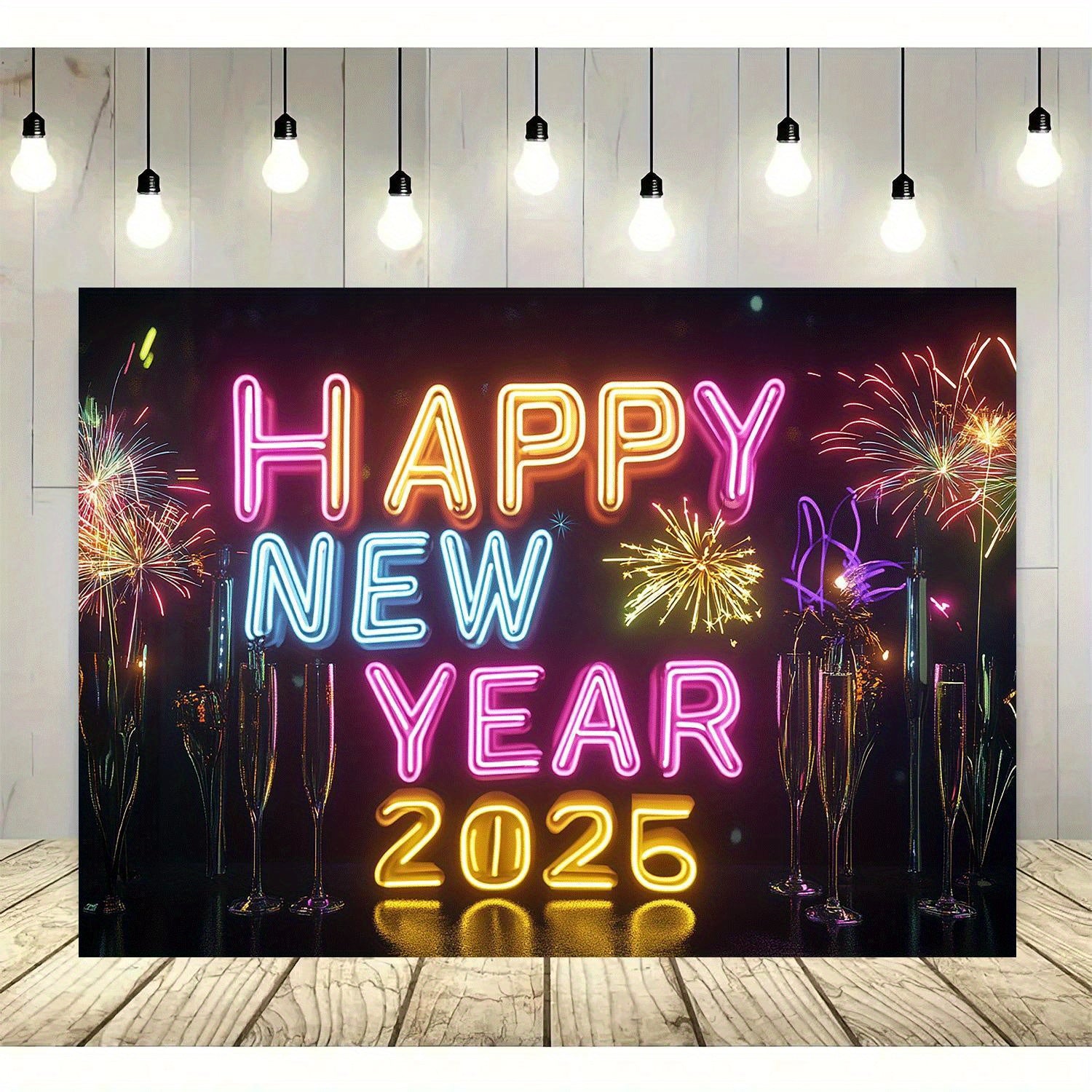 1pc Happy New Year 2025 Neon Sign Backdrop, Classic Vertical Rectangle, Durable Party Wall Decor with String Holes, Suitable for Halloween, Easter, Thanksgiving, Home & Kitchen Decor