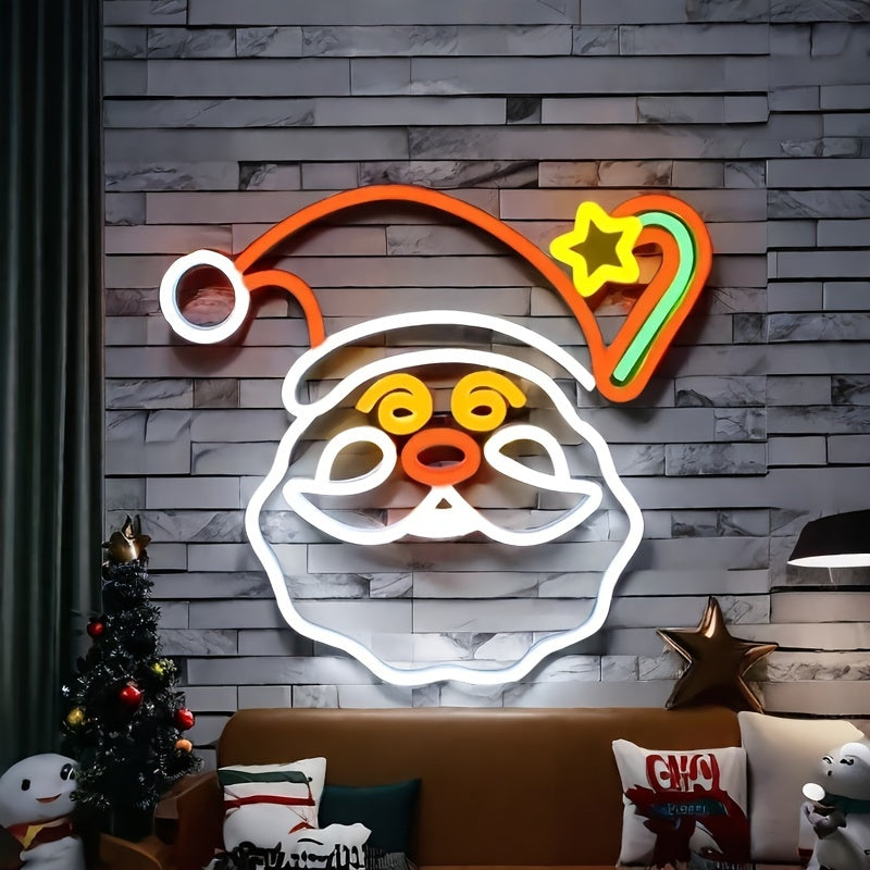 Christmas Santa LED Neon Sign, Wall Hanging Festive Decoration for Home, Bar, Living Room, and Office Desk - USB Powered, Multi-Color Light Display, Switch Controlled, No Battery Required, Plastic with Metal Finish - Versatile Holiday Decor