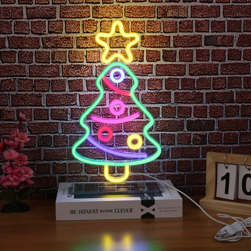 1pc LED Neon Christmas Tree Sign, Festive LED Light for Bedroom, Bar, Holiday Decor, Party, Office Furniture Lighting, Plastic, USB Powered, 36V or Below, No Battery, Electronic Parts Included, White/Transparent