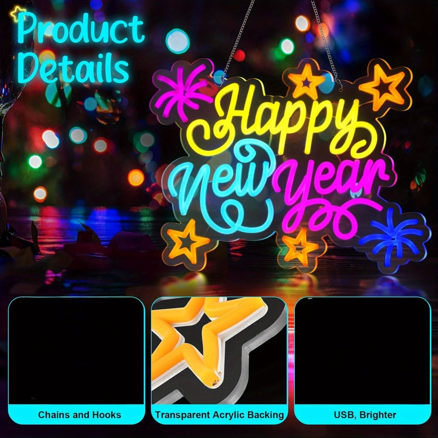 New Year'S Eve Neon Sign, 39.88cm Wall Decor, USB Powered, Battery-Free, Multi-Purpose, Switch Control, Plastic, Wall-Mounted, for Home & Kitchen Lighting, Party Supplies