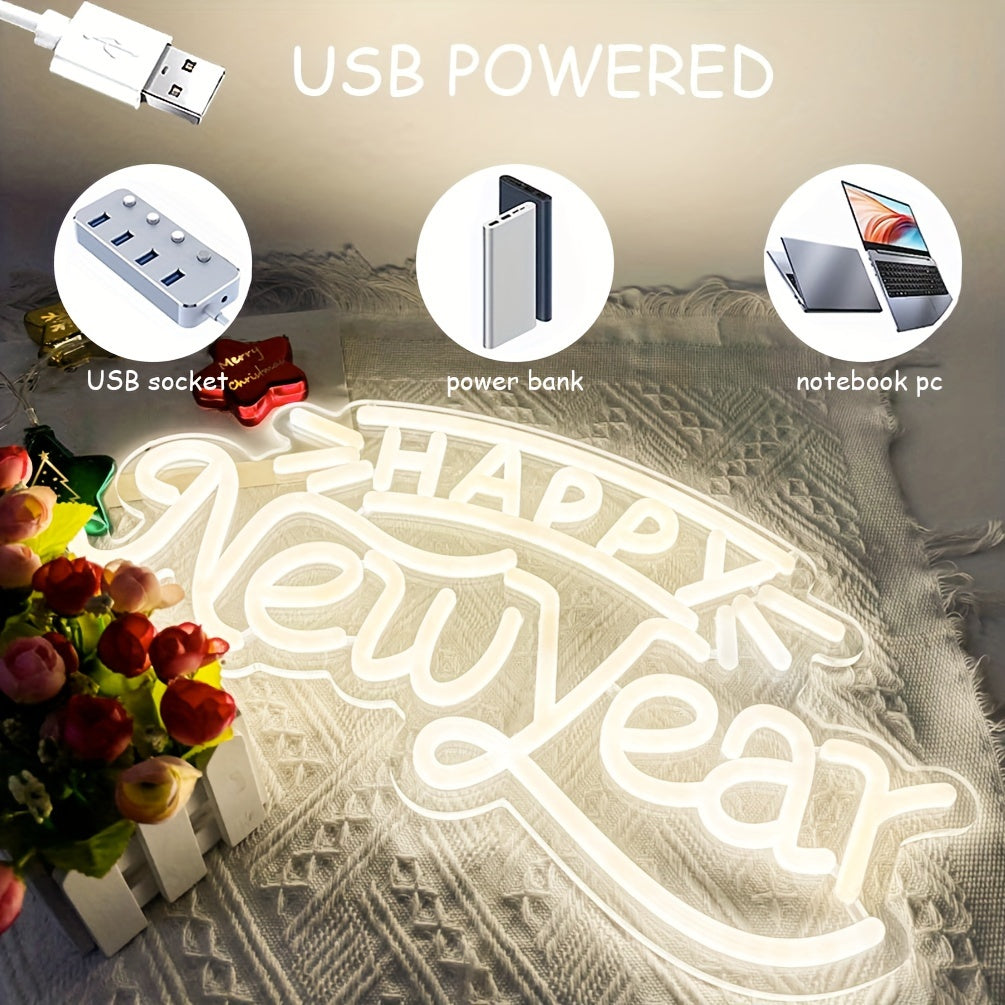 Happy New Year LED Neon Sign - Warm White Wall Decor Light, USB Powered for Home Parties, Bedrooms, Hotels & More