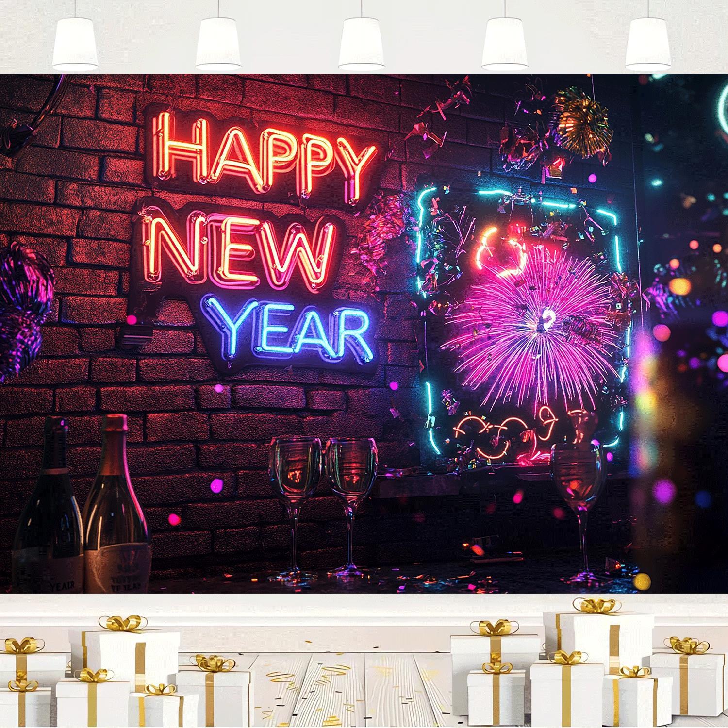 1pc Classic Vertical Rectangular Happy New Year Neon Sign Wall Decor with Fireworks, Birthday Party Event Backdrop, Includes Perforations and Hanging Cord