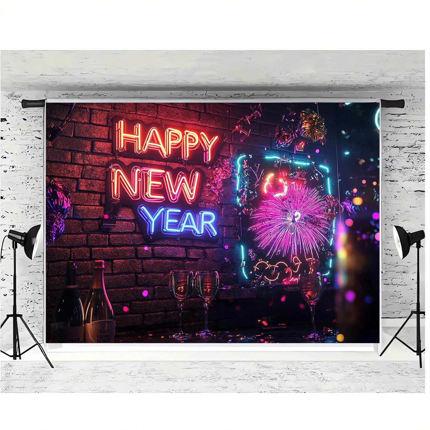 1pc Classic Vertical Rectangular Happy New Year Neon Sign Wall Decor with Fireworks, Birthday Party Event Backdrop, Includes Perforations and Hanging Cord