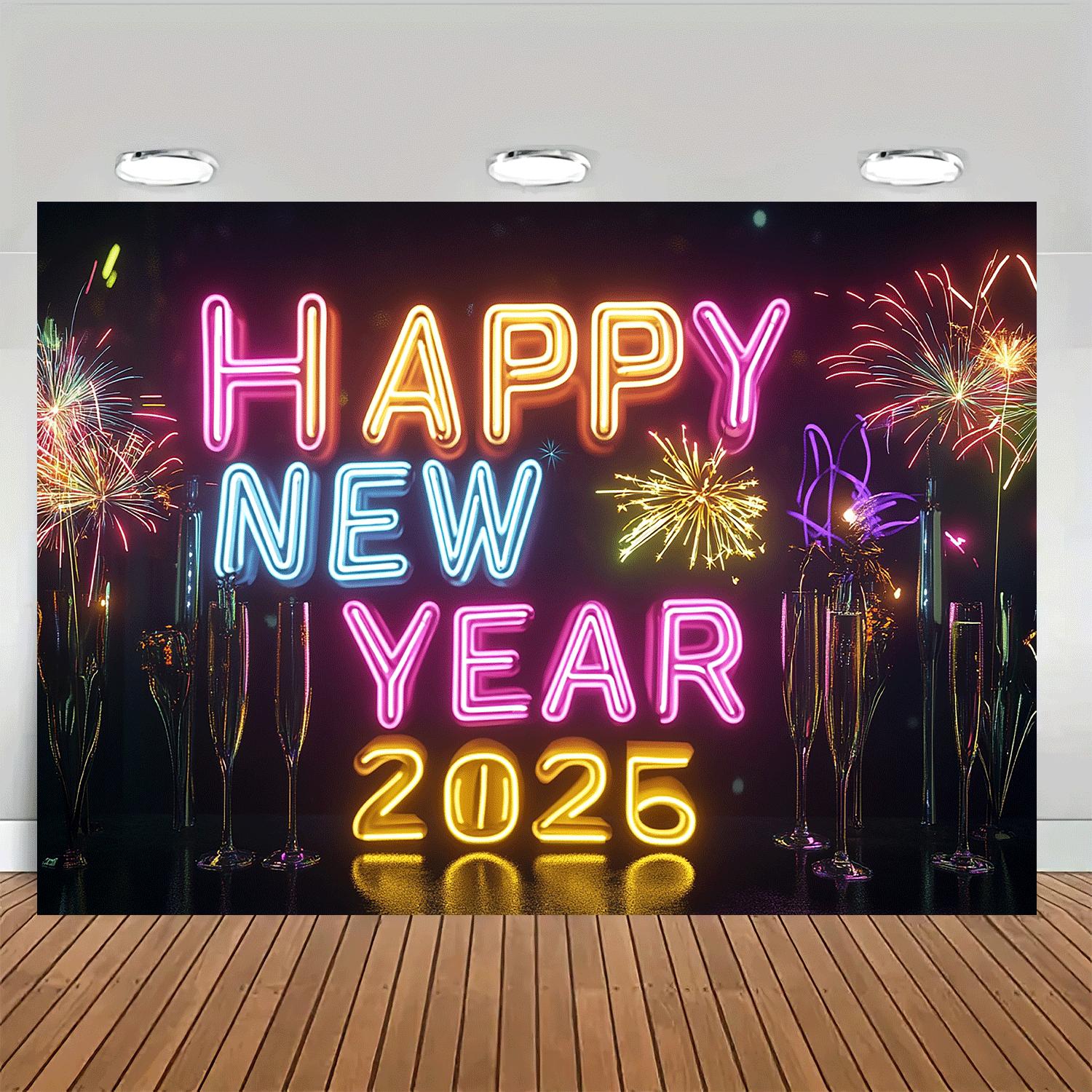 1pc Happy New Year 2025 Neon Sign Backdrop, Classic Vertical Rectangle, Durable Party Wall Decor with String Holes, Suitable for Halloween, Easter, Thanksgiving, Home & Kitchen Decor