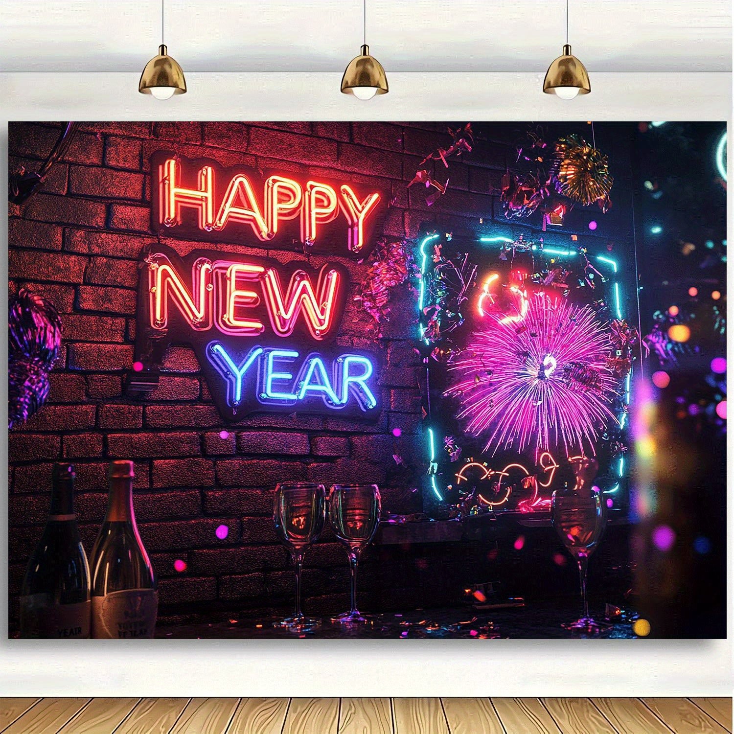 1pc Classic Vertical Rectangular Happy New Year Neon Sign Wall Decor with Fireworks, Birthday Party Event Backdrop, Includes Perforations and Hanging Cord