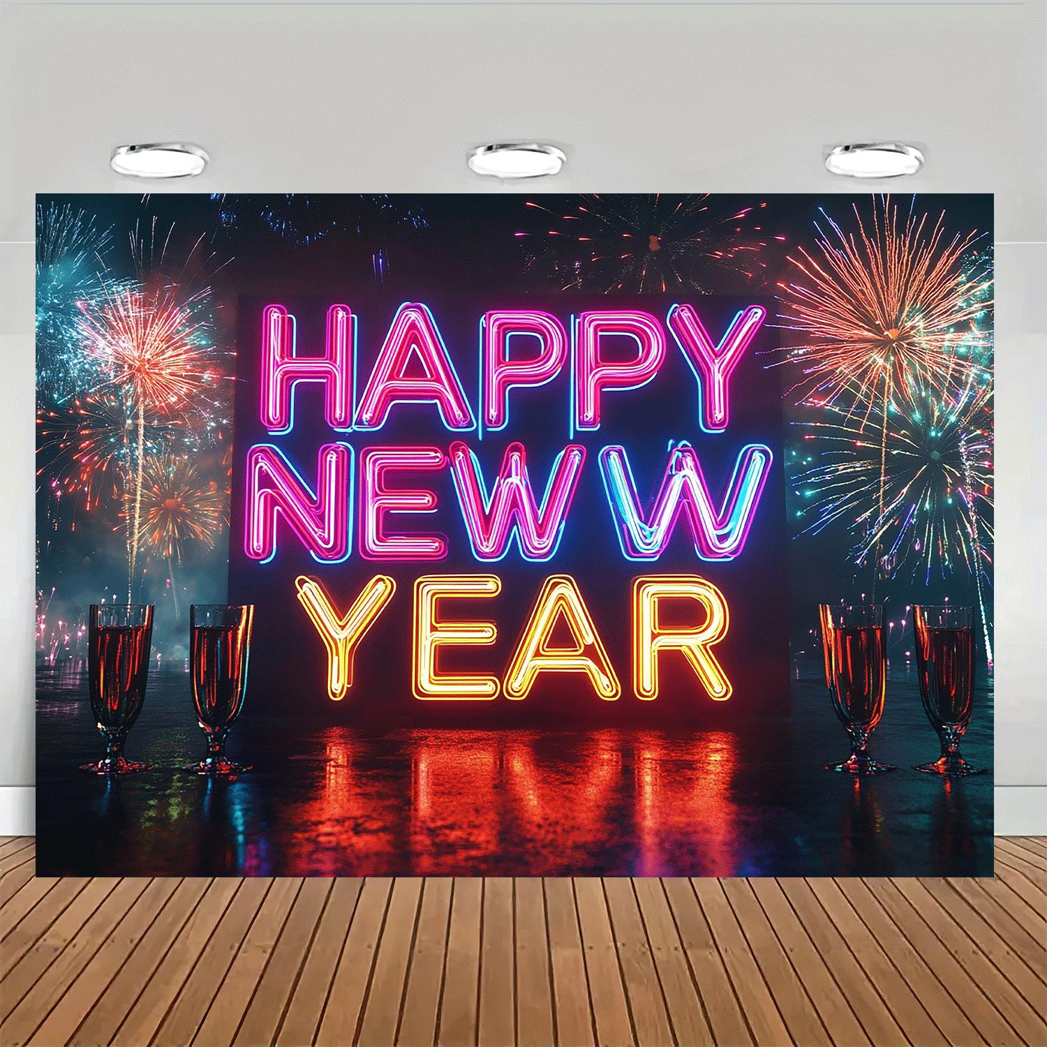 1pc Happy New Year Neon Sign Backdrop, Classic Vertical Rectangle, Durable Party Wall Decor with String Holes, Ideal for Halloween, Easter, Thanksgiving, Home & Kitchen Decor