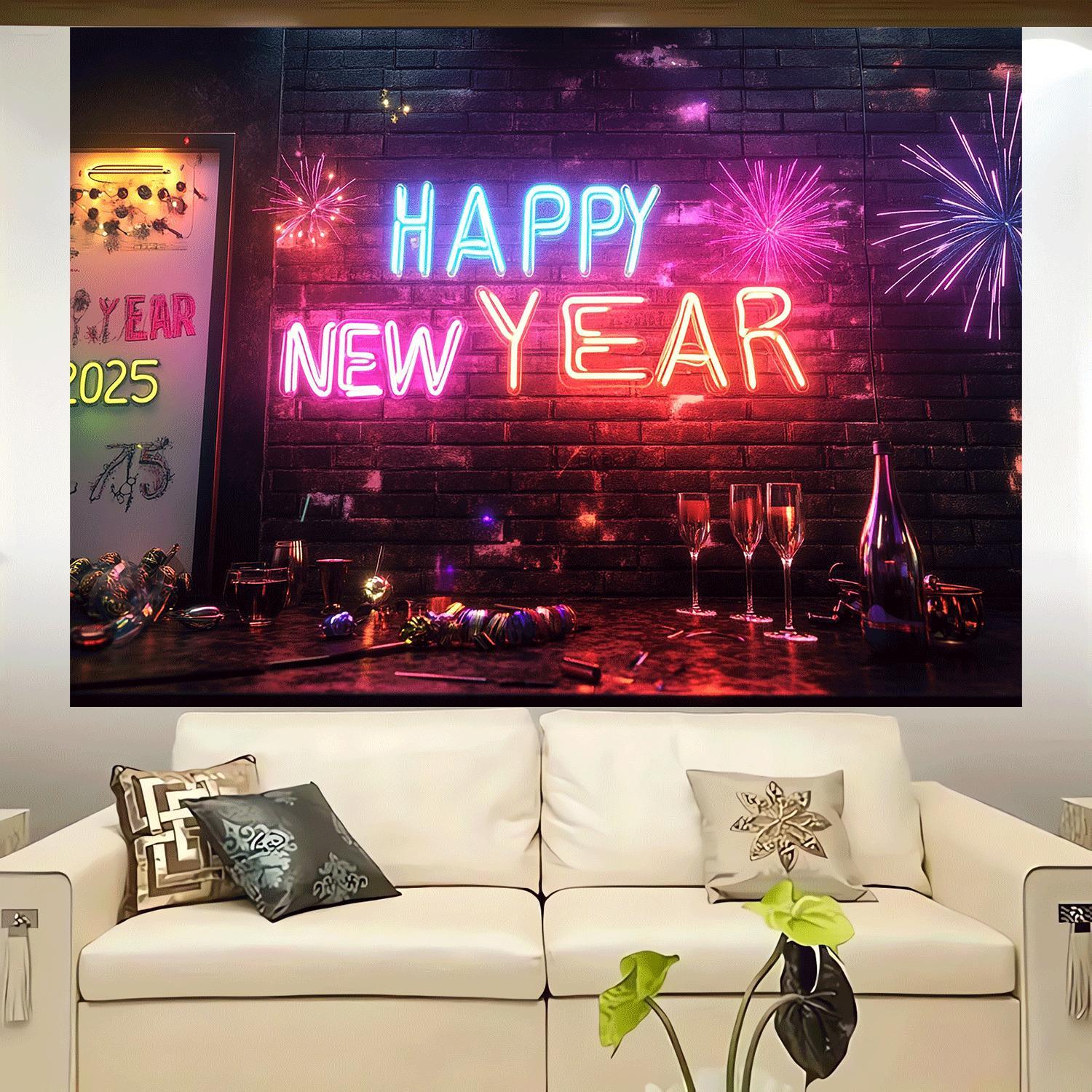 1pc Classic Vertical Oblong Happy New Year Neon Sign Backdrop - Festive Party Wall Decor for Thanksgiving, Easter, Birthday, Anniversary Celebrations