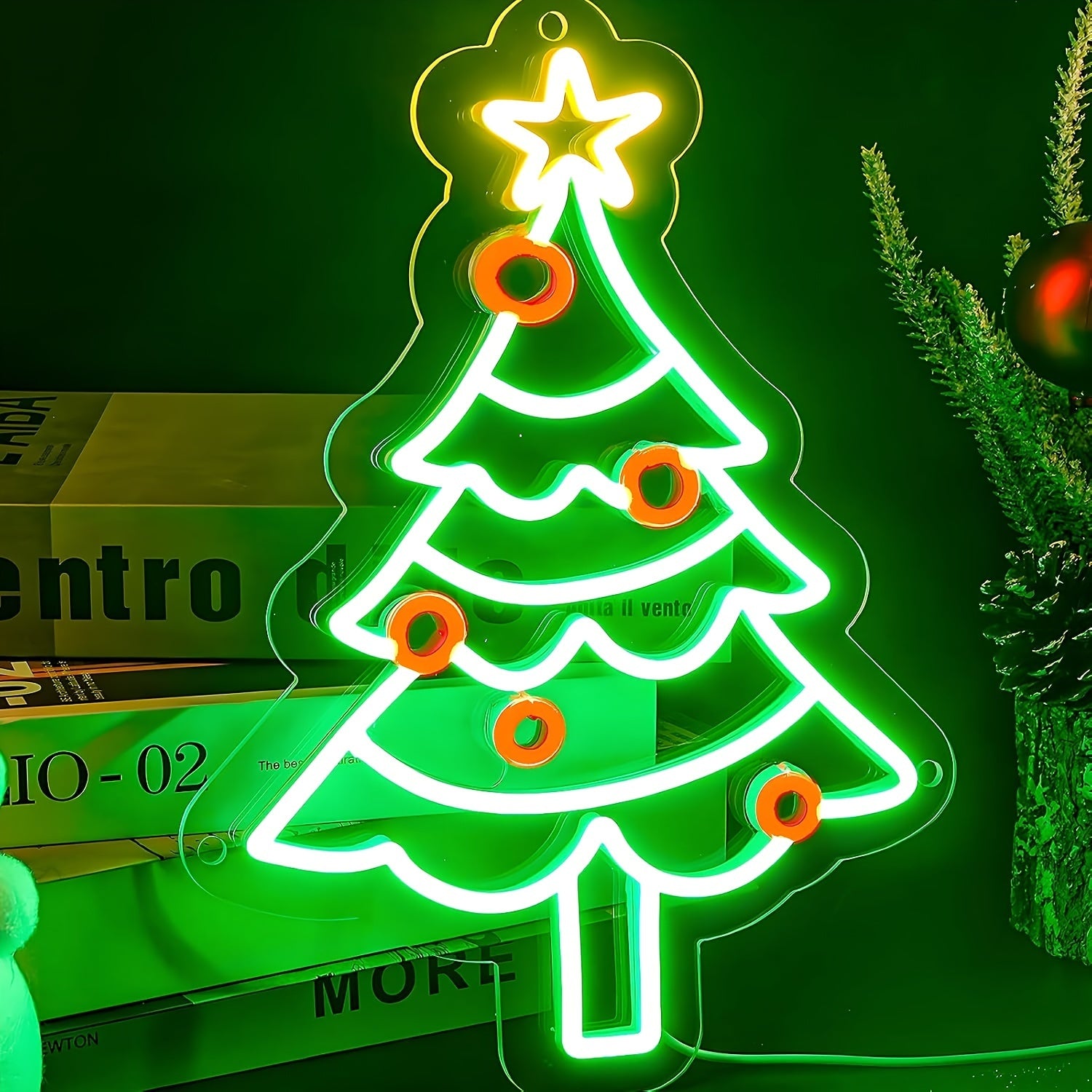 USB-Powered Dimmable Green Christmas Tree Neon Sign - Perfect for Office & Party Decor, Wall Display