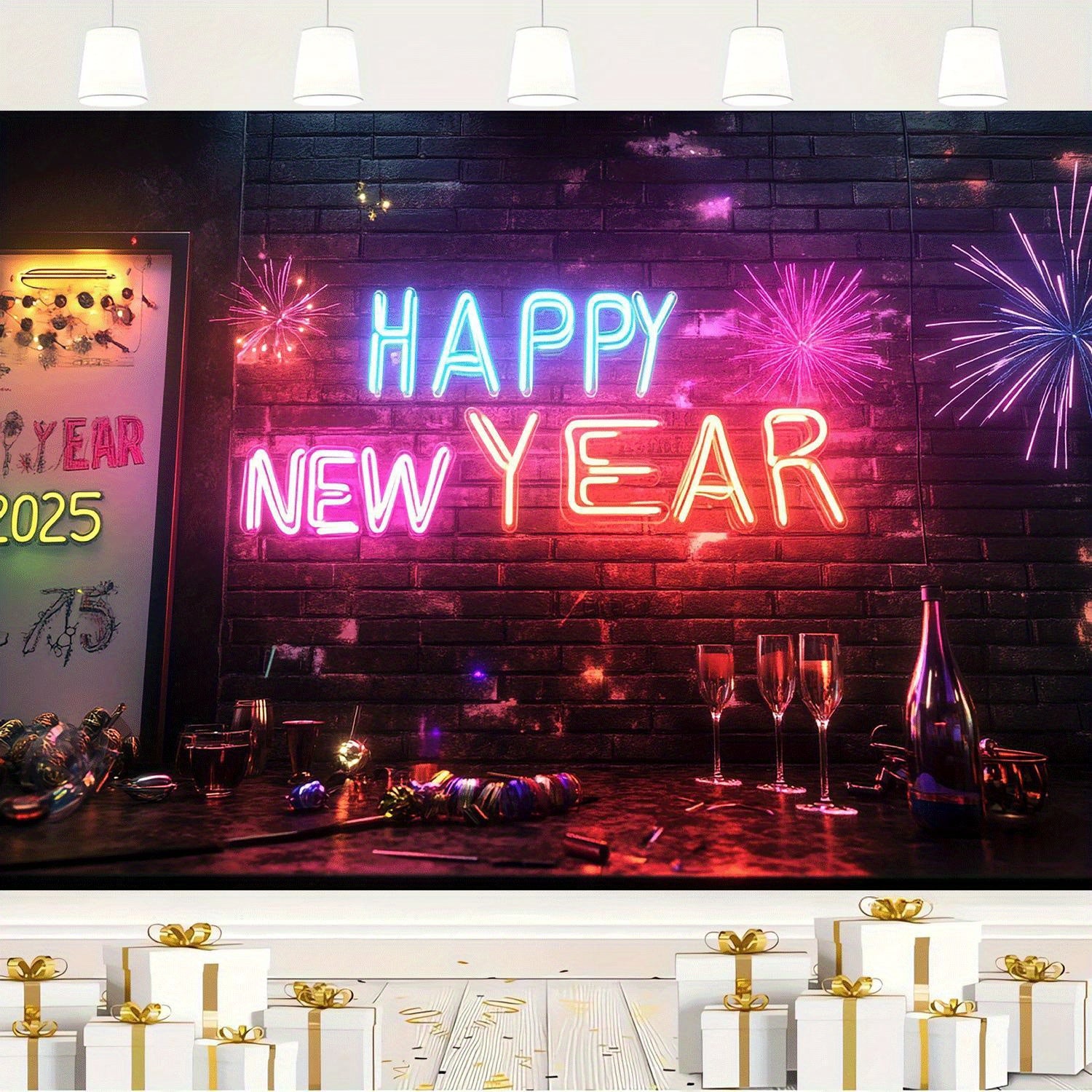 1pc Classic Vertical Oblong Happy New Year Neon Sign Backdrop - Festive Party Wall Decor for Thanksgiving, Easter, Birthday, Anniversary Celebrations