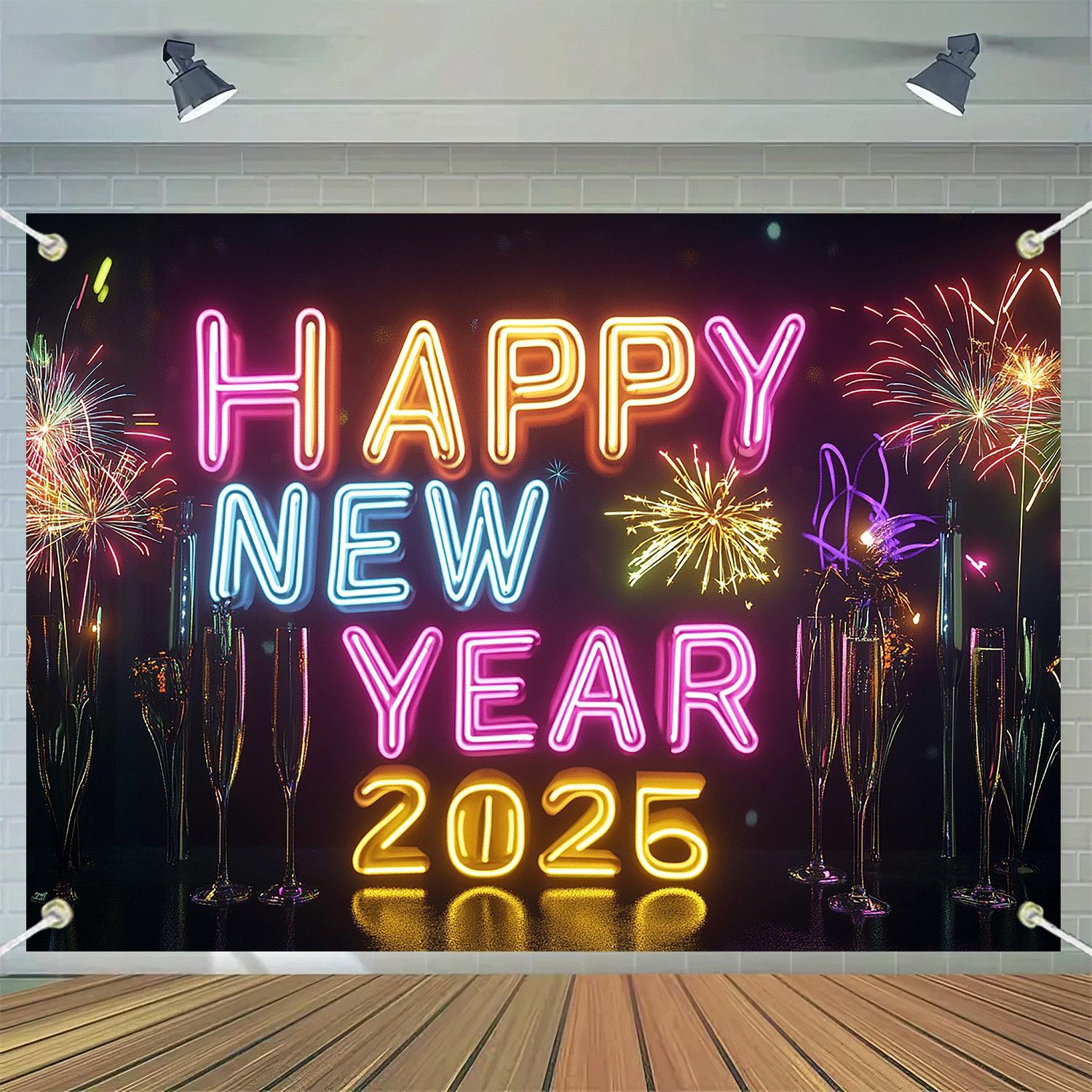 1pc Happy New Year 2025 Neon Sign Backdrop, Classic Vertical Rectangle, Durable Party Wall Decor with String Holes, Suitable for Halloween, Easter, Thanksgiving, Home & Kitchen Decor