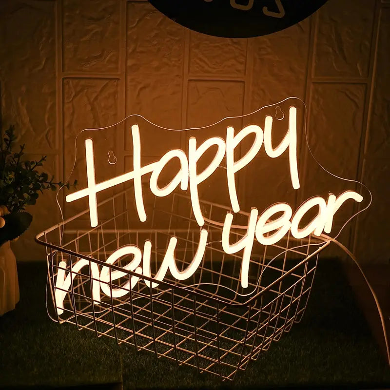 Happy New Year LED Neon Sign - Non-Waterproof Indoor Acrylic Light-Up Wall Decor with Dimmable LED Lights for Home, Bedroom, Winter Christmas, New Year'S Eve Party Decoration