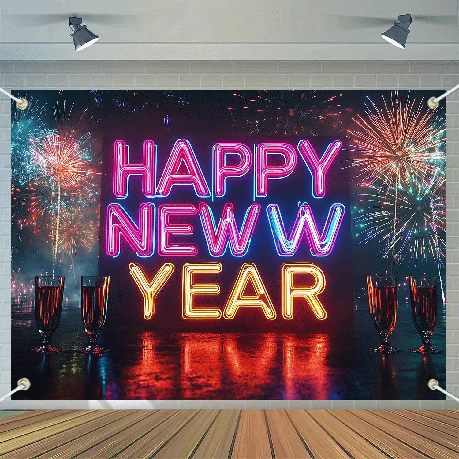 1pc Happy New Year Neon Sign Backdrop, Classic Vertical Rectangle, Durable Party Wall Decor with String Holes, Ideal for Halloween, Easter, Thanksgiving, Home & Kitchen Decor